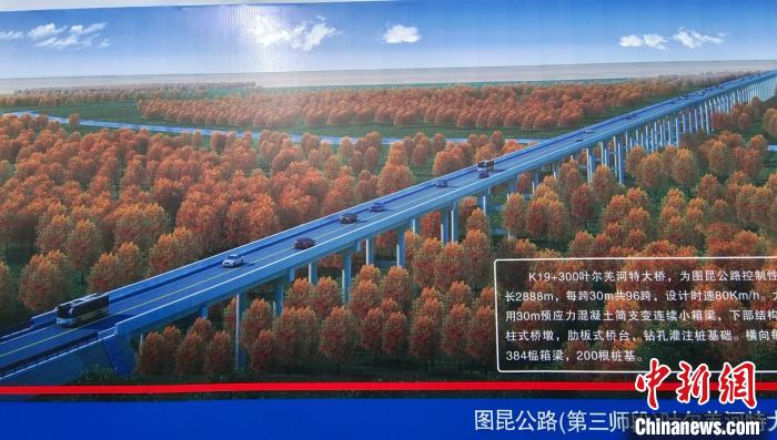 大橋穿越近3000米的原始胡楊林保護區(qū)。圖為工程效果圖?！∈酚窠?攝
