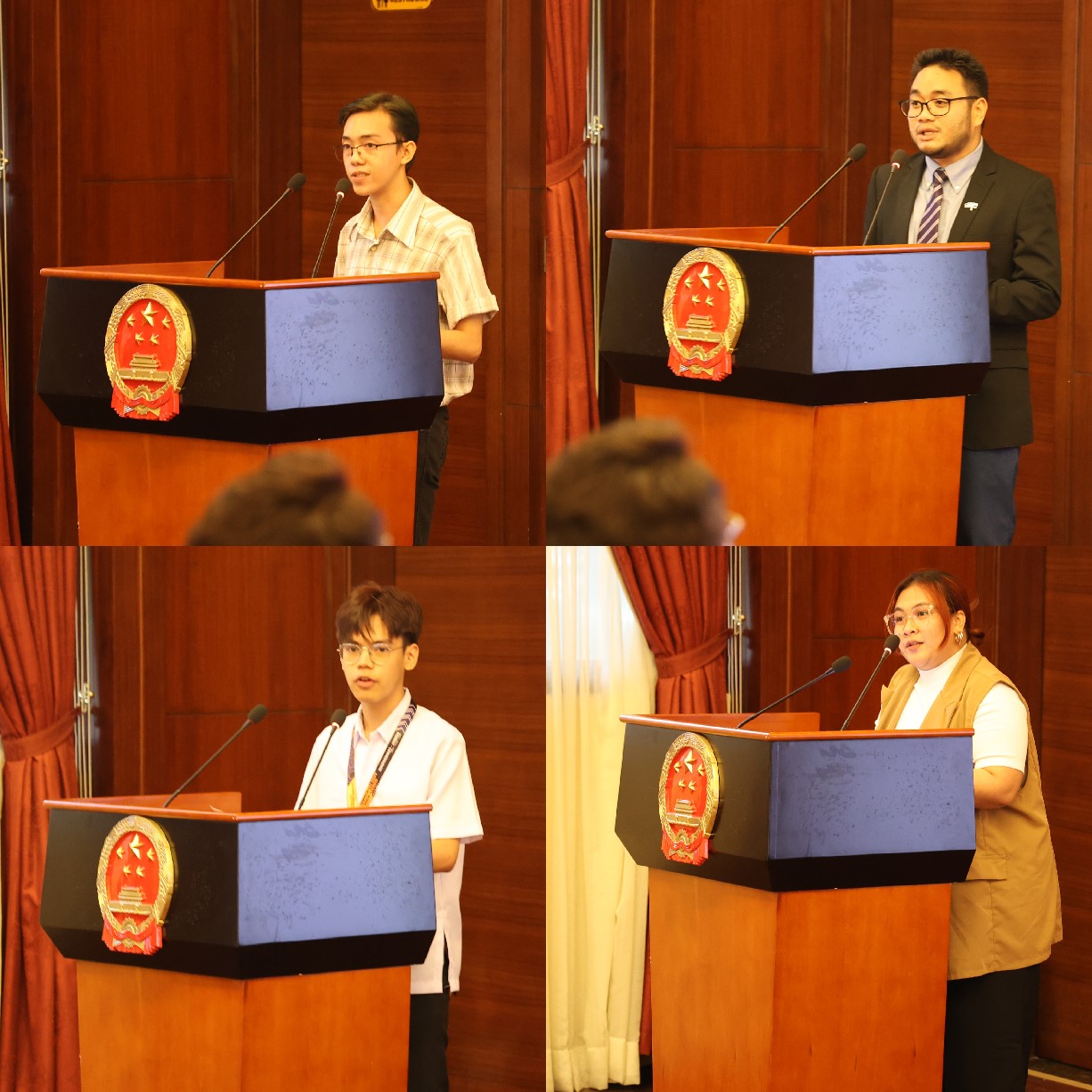 菲律賓大學(xué)、菲律賓師范大學(xué)的4位學(xué)生和校友代表現(xiàn)場(chǎng)發(fā)言向中方表示感謝并分享體會(huì)。駐菲律賓使館 供圖