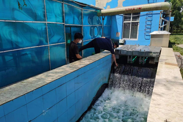 邯鄲市雞澤縣藍(lán)天污水處理廠員工正在出水口進(jìn)行水質(zhì)檢測(cè)。鄭佳欣攝