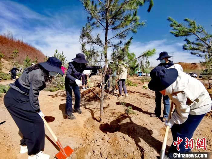 圖為西寧市城東區(qū)干部職工參加義務植樹。　張?zhí)砀?攝