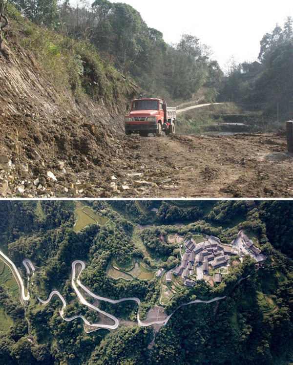 拼版照片：上圖為2011年12月拍攝的湖南省湘西土家族苗族自治州花垣縣十八洞村進(jìn)村道路；下圖為2019年9月拍攝的十八洞村及進(jìn)村道路。