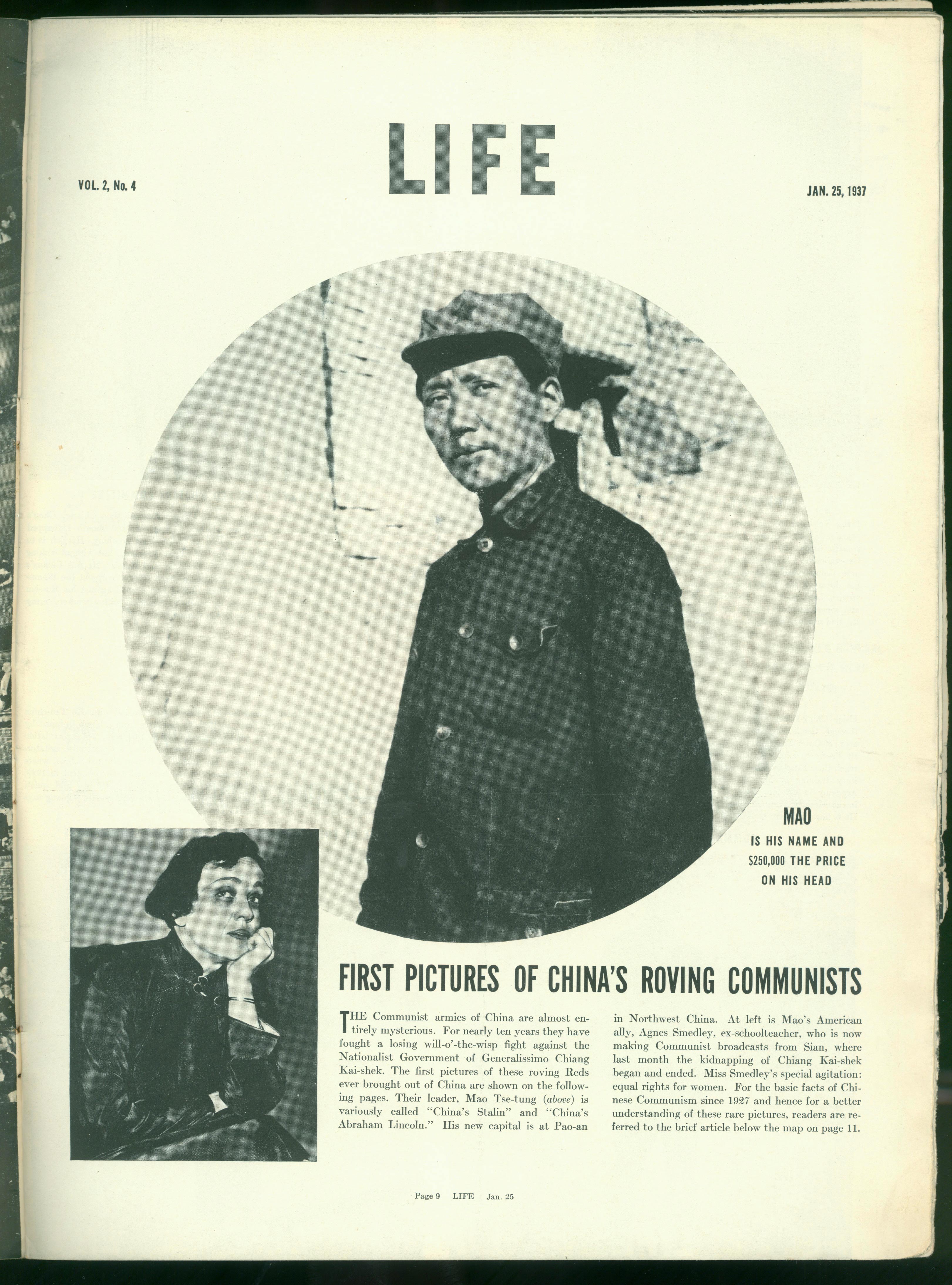 1937年1月25日，美國《生活》周刊刊登毛澤東照片，照片右下方寫著一行字：“毛，這是他的名字，他的人頭價值25萬元。”