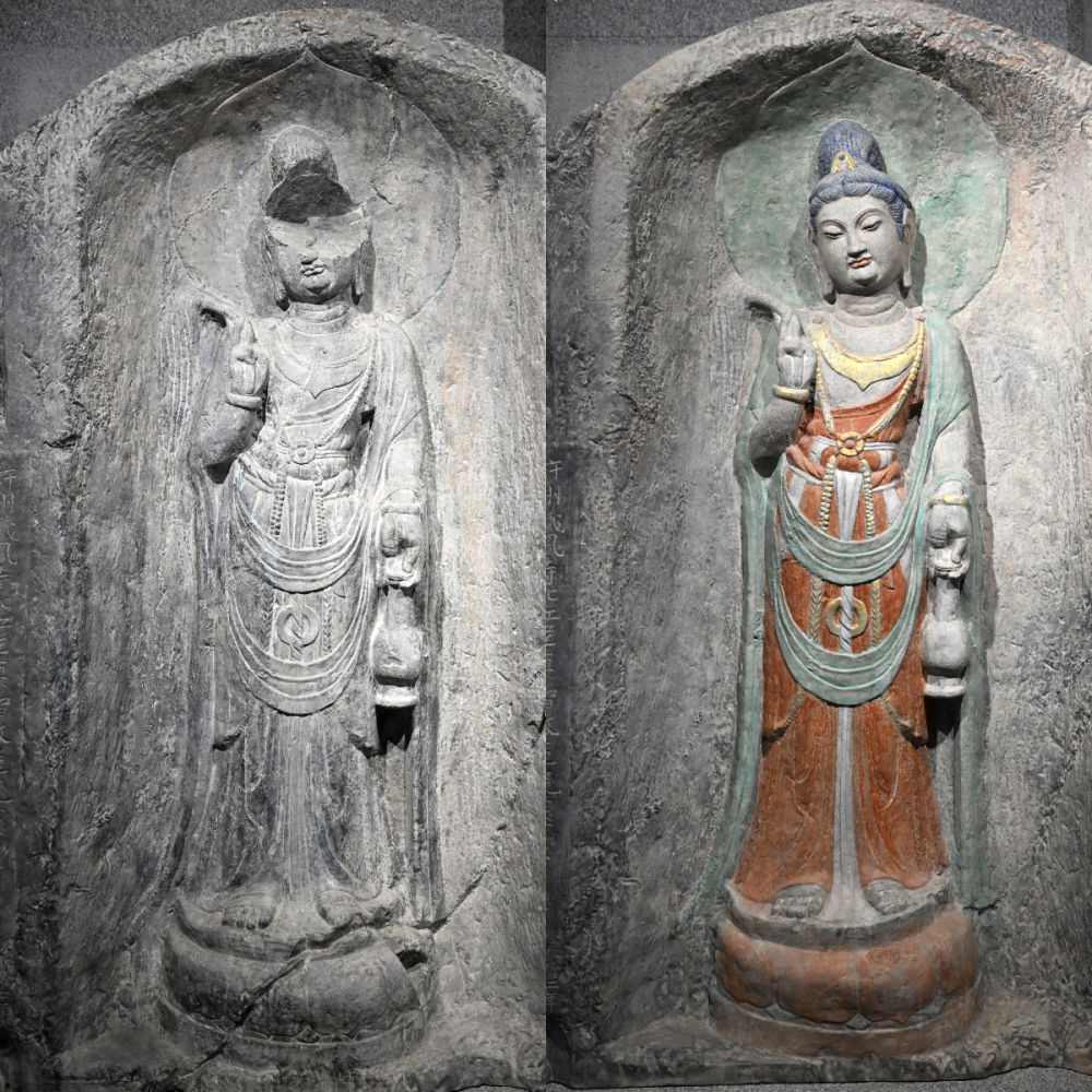 左圖為龍門石窟萬佛洞窟前南壁菩薩造像的3D打印模型；右圖為利用數(shù)字化技術(shù)復(fù)原后的3D打印模型（2025年4月10日攝，拼版照片）。復(fù)原后的像龕精妙絕倫，栩栩如生，被游客譽為“龍門最美菩薩”。圖片來源新華社