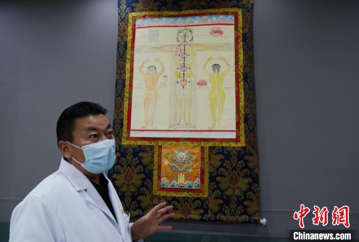 圖為興海縣藏醫(yī)院院長介紹藏醫(yī)四部醫(yī)典詳實(shí)圖。　馬銘言 攝