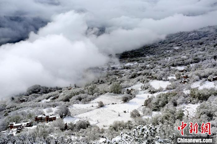 雪后的丹巴半山云霧繚繞?！±钣腊?攝