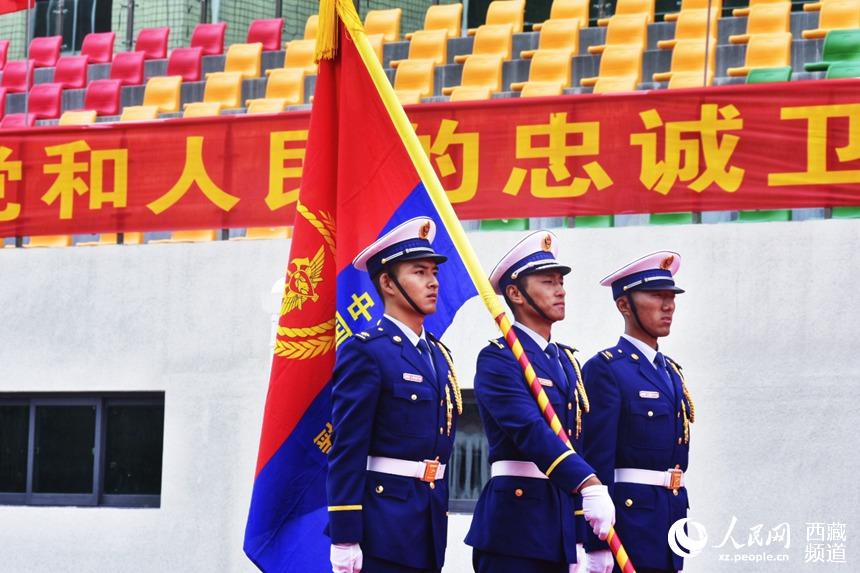 迎國家綜合性消防救援隊伍隊旗。人民網(wǎng) 李海霞 攝