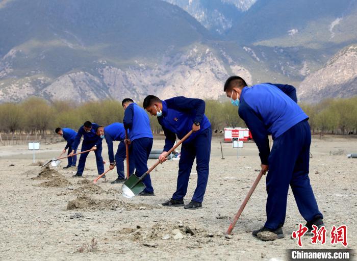 林芝市巴宜區(qū)森林消防中隊志愿服務(wù)隊正在揮鍬鏟土?！∥骼@拉翁 攝